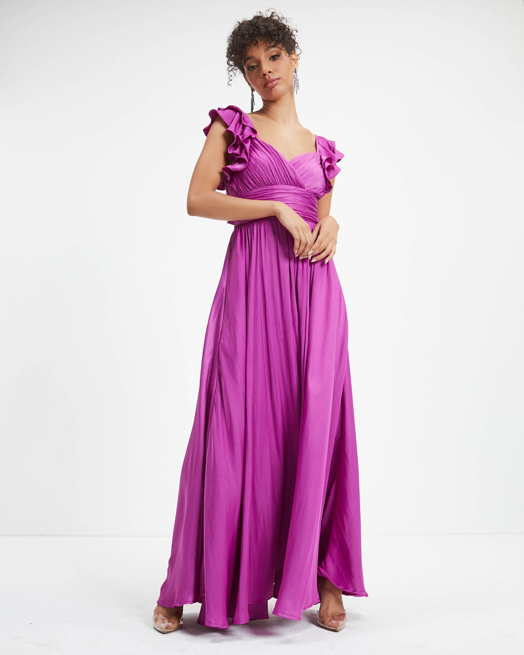 First Class Satin Ruffle Cutout Maxi Dress - Orchid - FINAL SALE