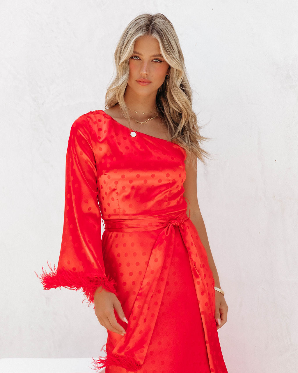 Margaux Satin Feather Trim Midi Dress - Red - FINAL SALE