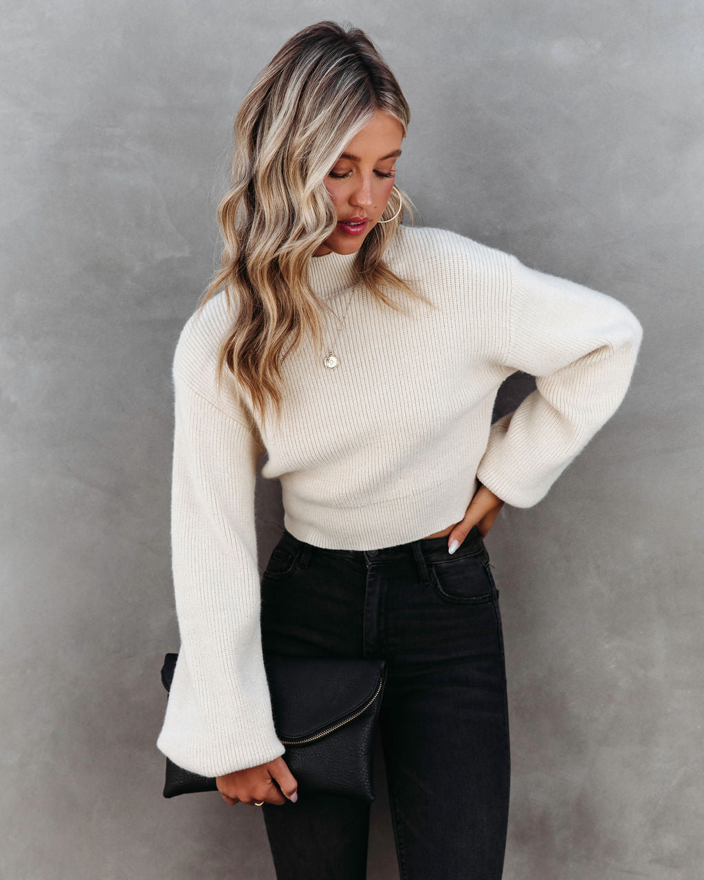 Feelings Knit Mock Neck Pullover Sweater - Cream