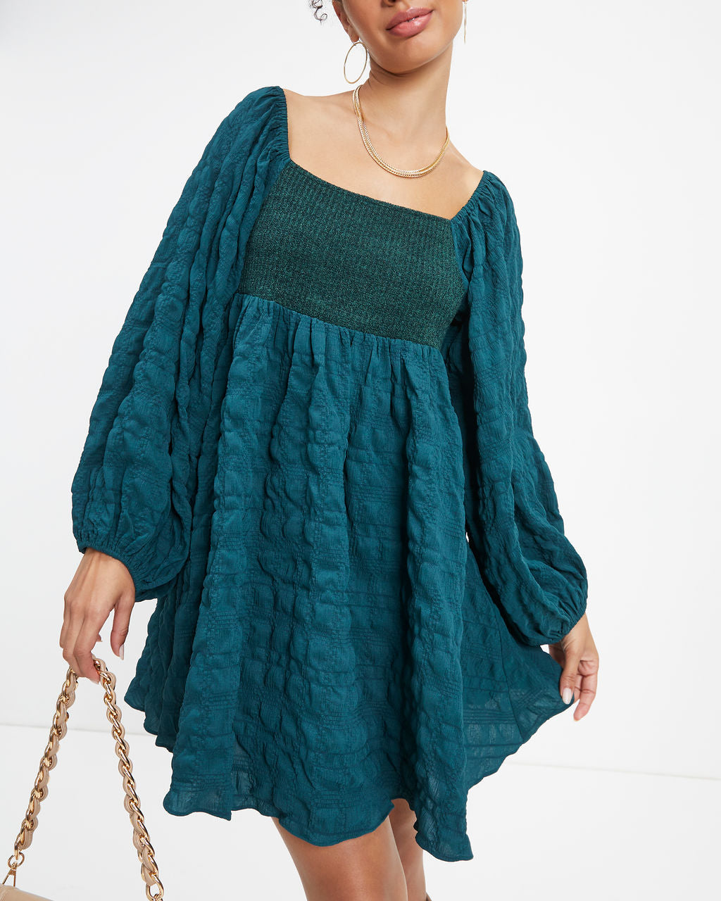 Lost In A Maze Textured Knit Babydoll Dress - Pine