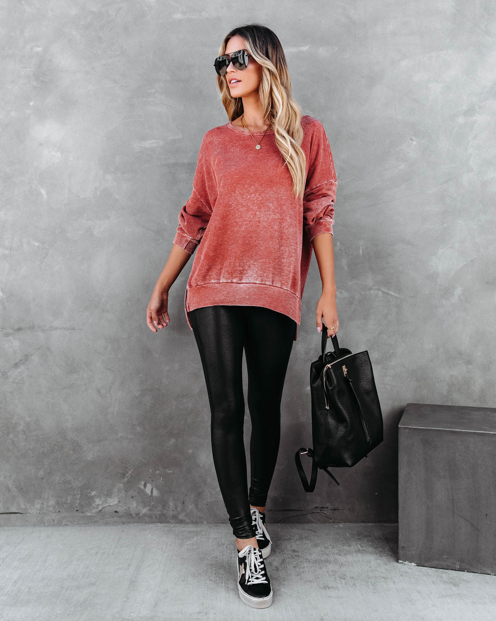 Tahoe Bound Waffle Knit Long Sleeve Top - Rust