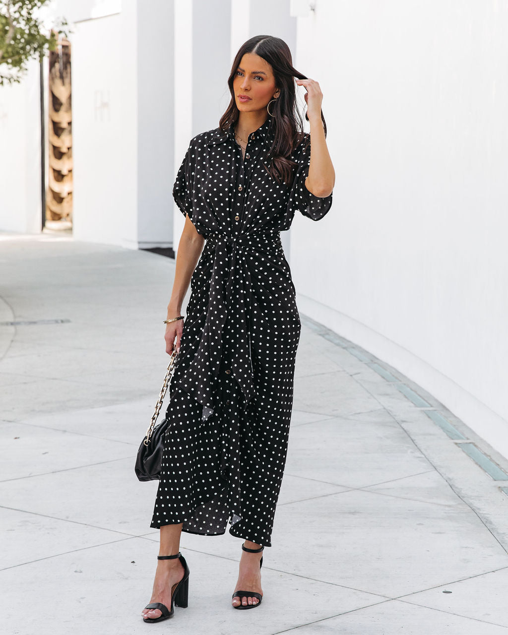 Aurielle Polka Dot Tie Front Midi Shirt Dress - Black - FINAL SALE