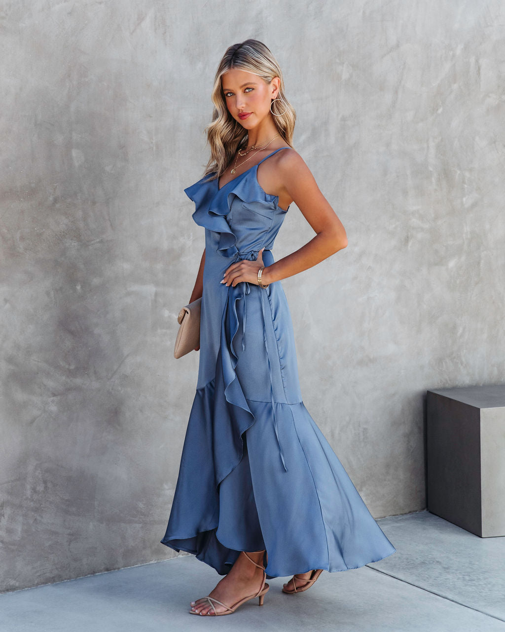 Undeniable Love Satin Ruffle Maxi Dress - Dusty Blue