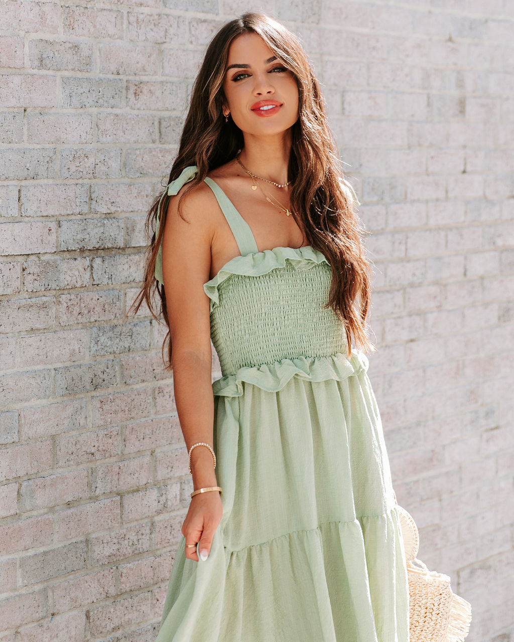 Lilibeth Smocked Tiered Midi Dress - Sage - SALE