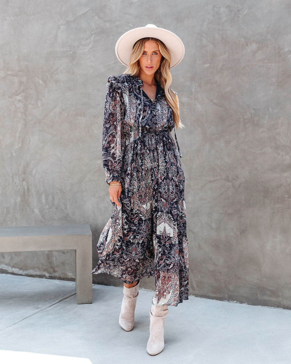 Indigo Printed Ruffle Smocked Maxi Dress