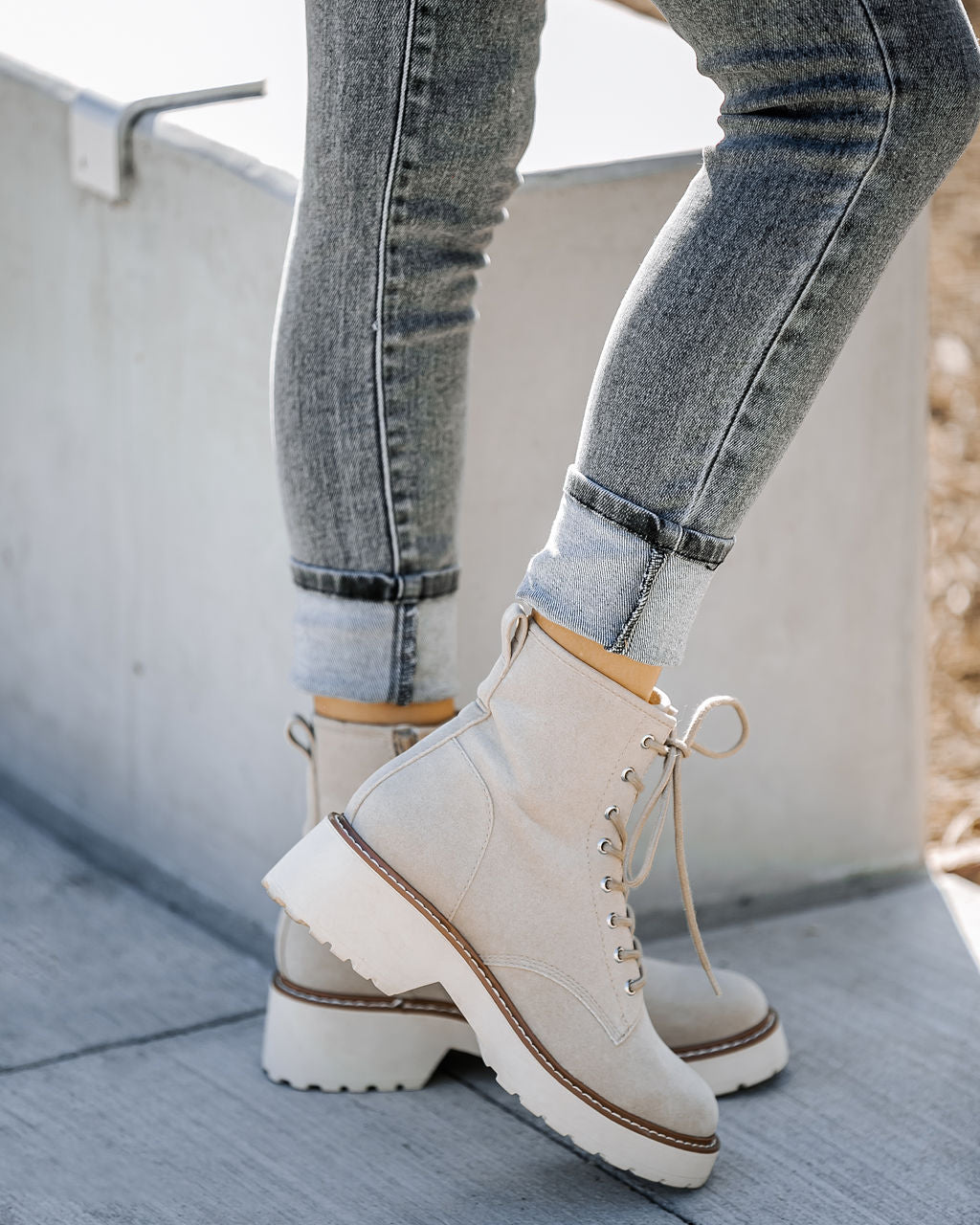 Marissa Faux Suede Lace Up Boot - Beige