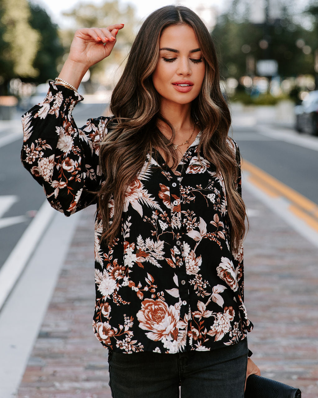 Crisp Fall Bloom Front Tie Button Down Top