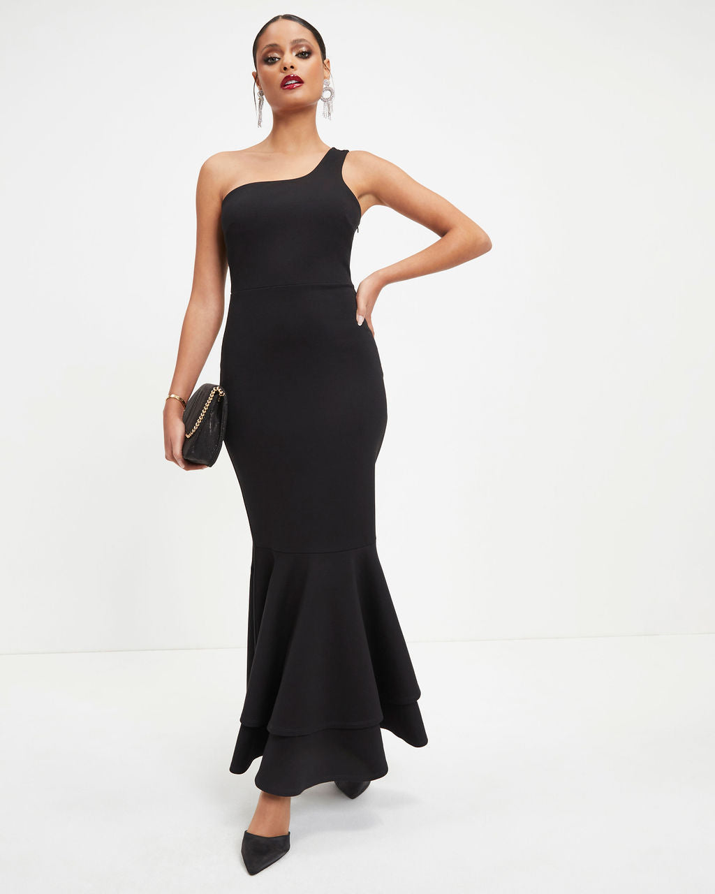 Ariella One Shoulder Tiered Trumpet Maxi Dress - Black