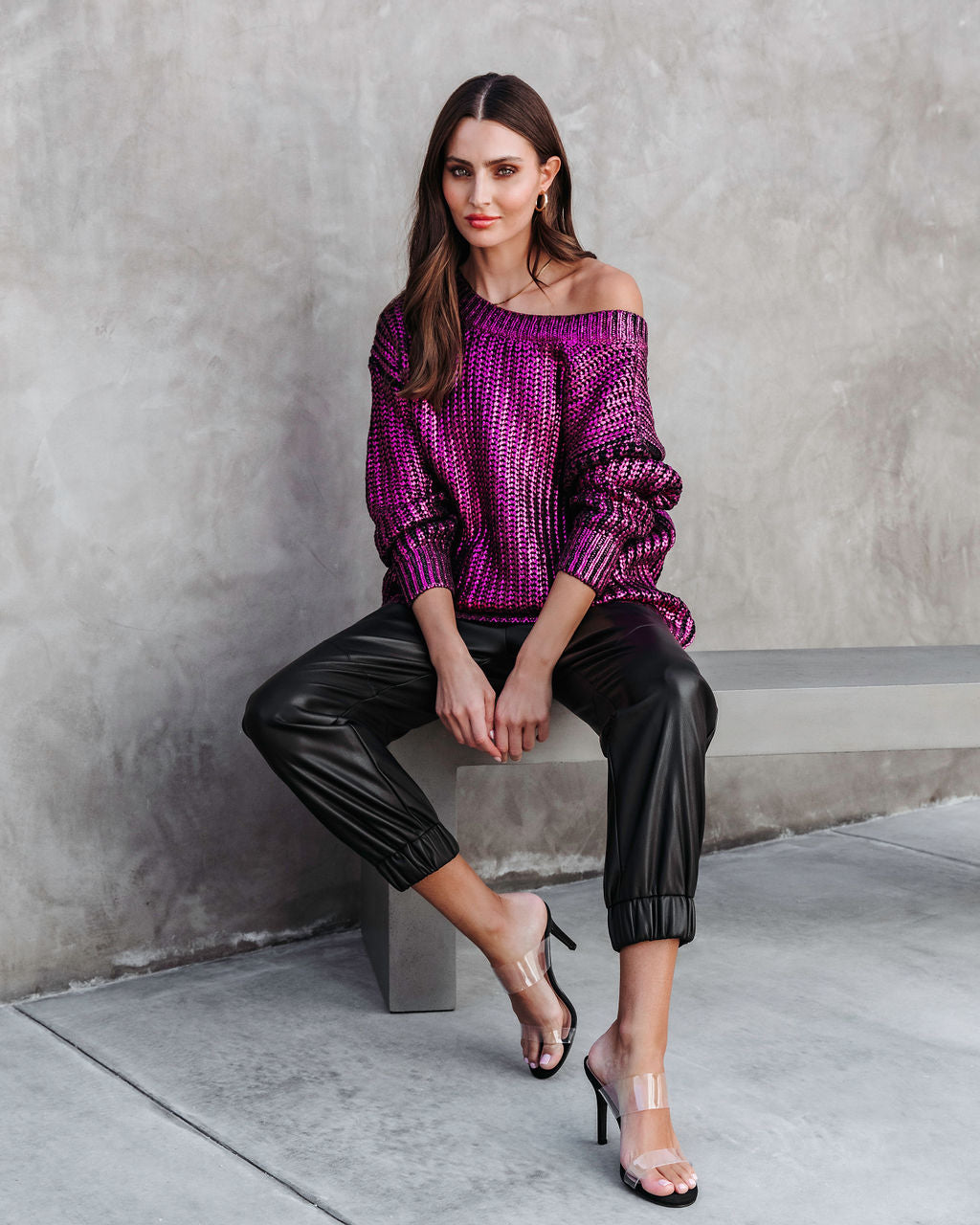 Delightful Cheer Metallic Knit Pullover Sweater - Hot Pink