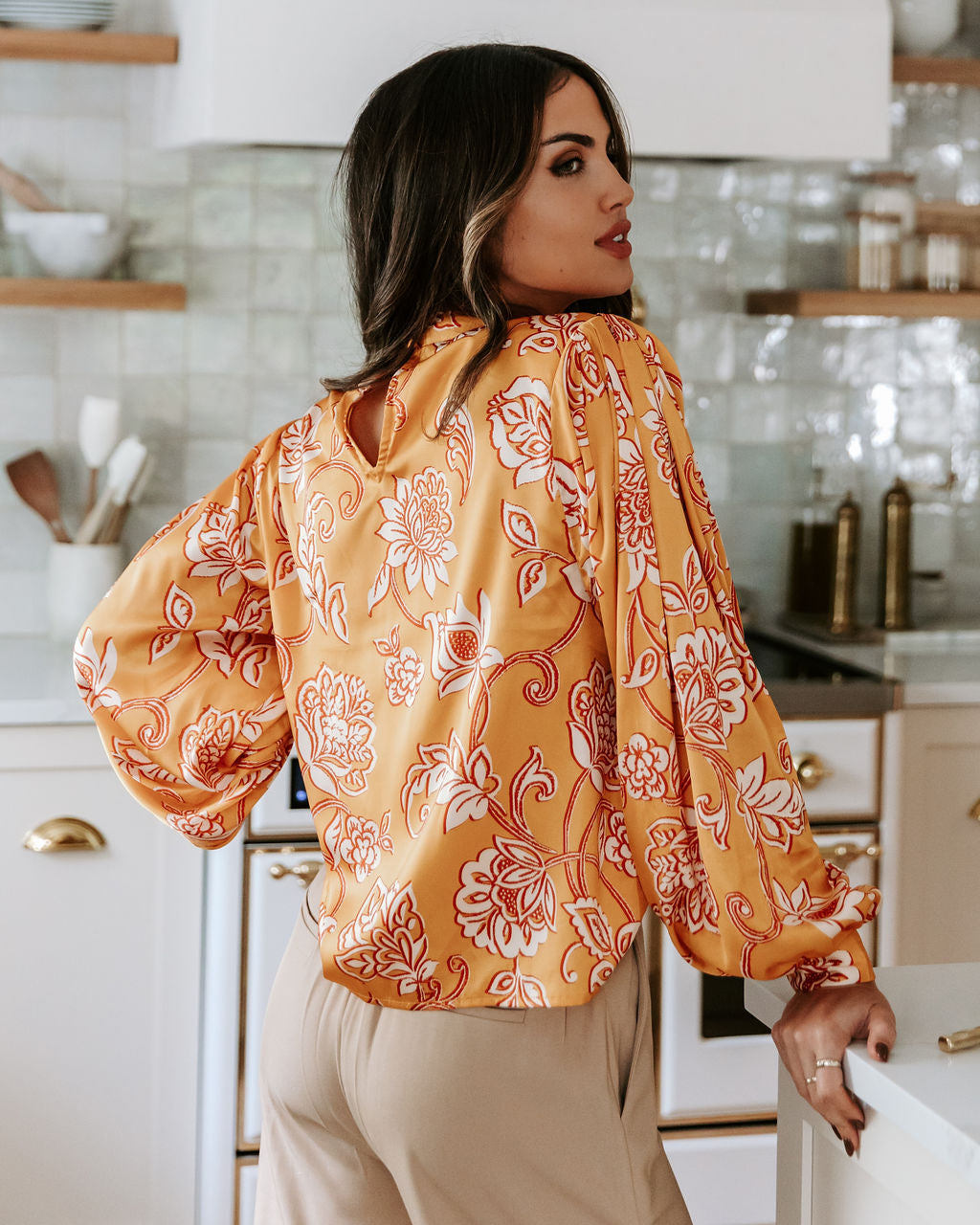 Golden November Floral Padded Shoulder Top - Mustard