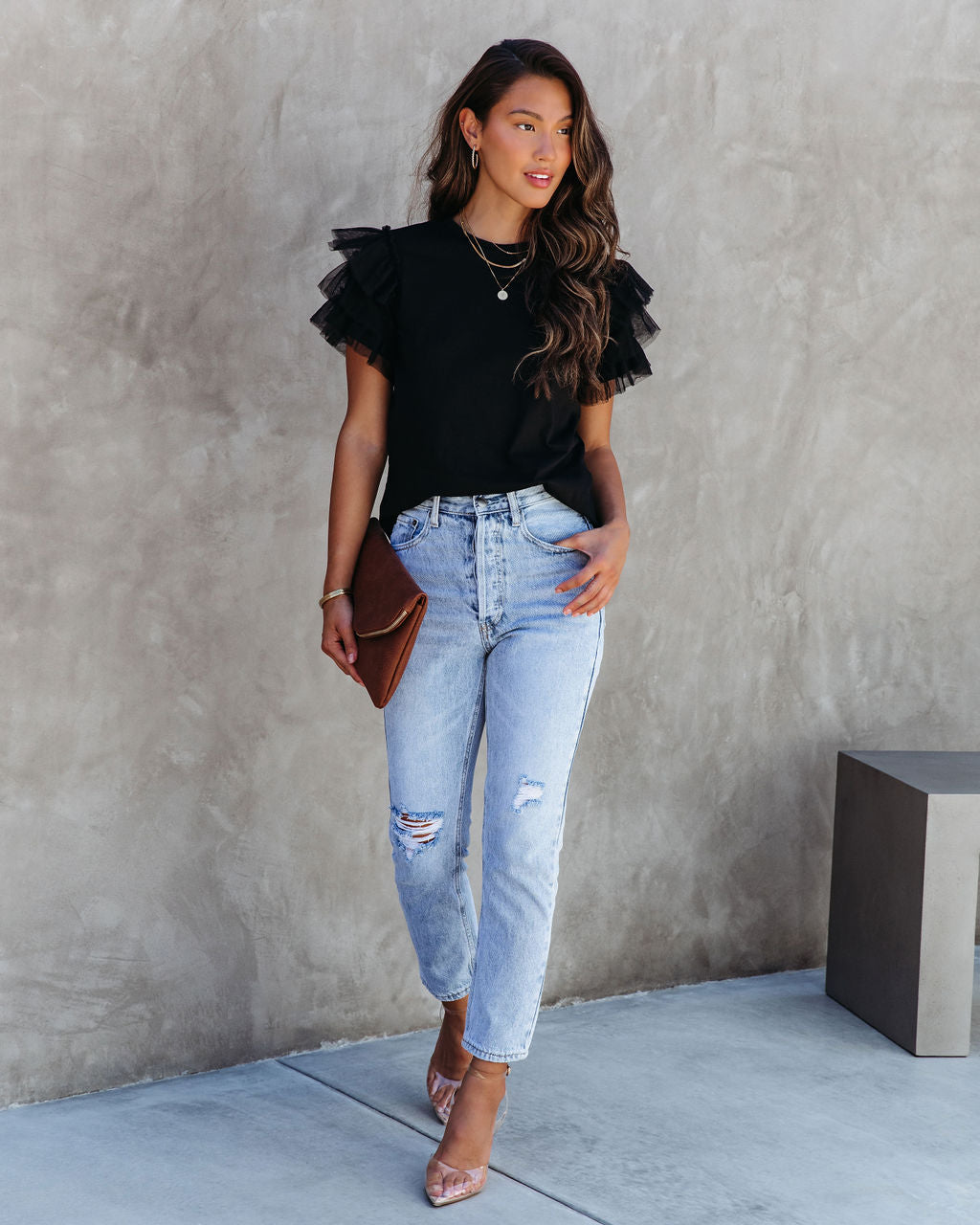 Carey Tulle Puff Sleeve Top - Black
