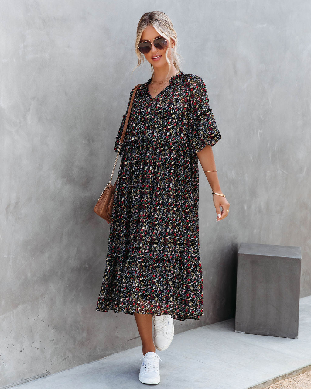 Sweetie Dear Floral Puff Sleeve Midi Dress