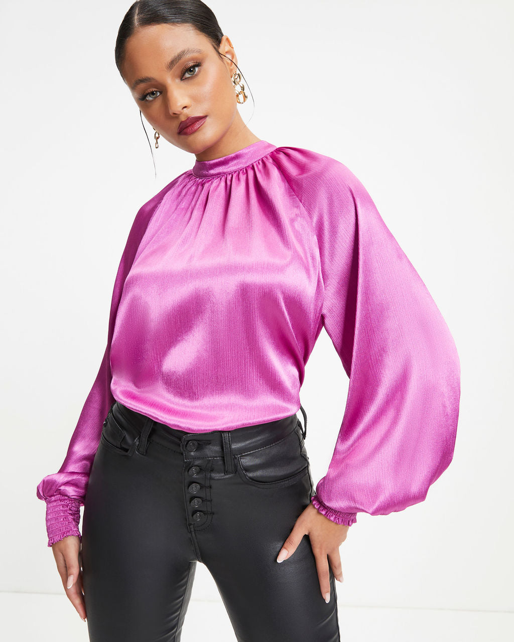Jaylene Satin Long Sleeve Top - Magenta