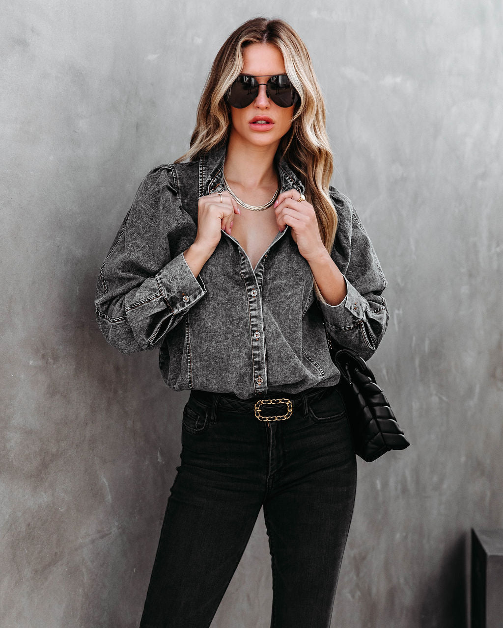Express Yourself Cotton Mineral Wash Button Down Top - Black Wash