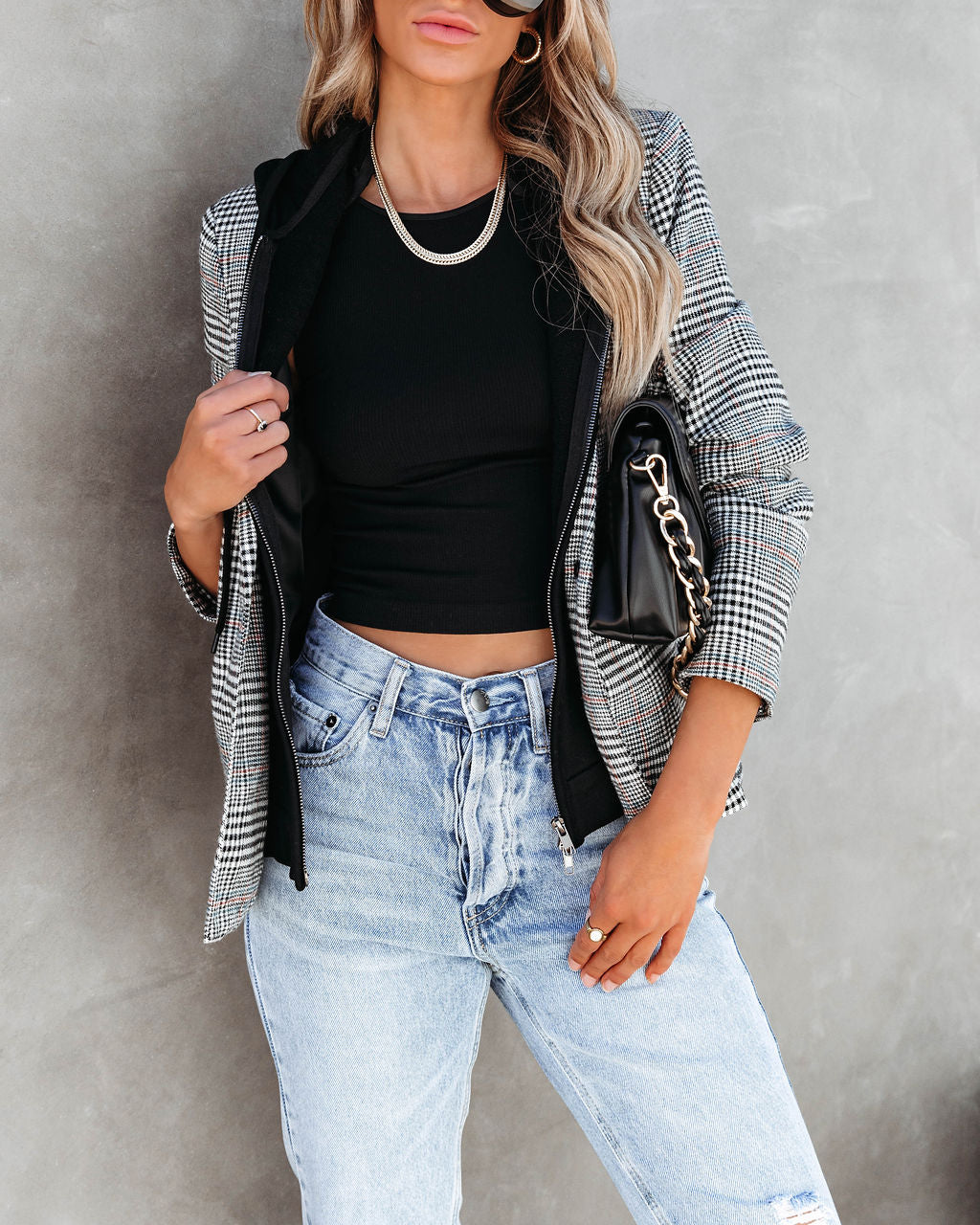 Avant Garde Gal Plaid Pocketed Hooded Blazer