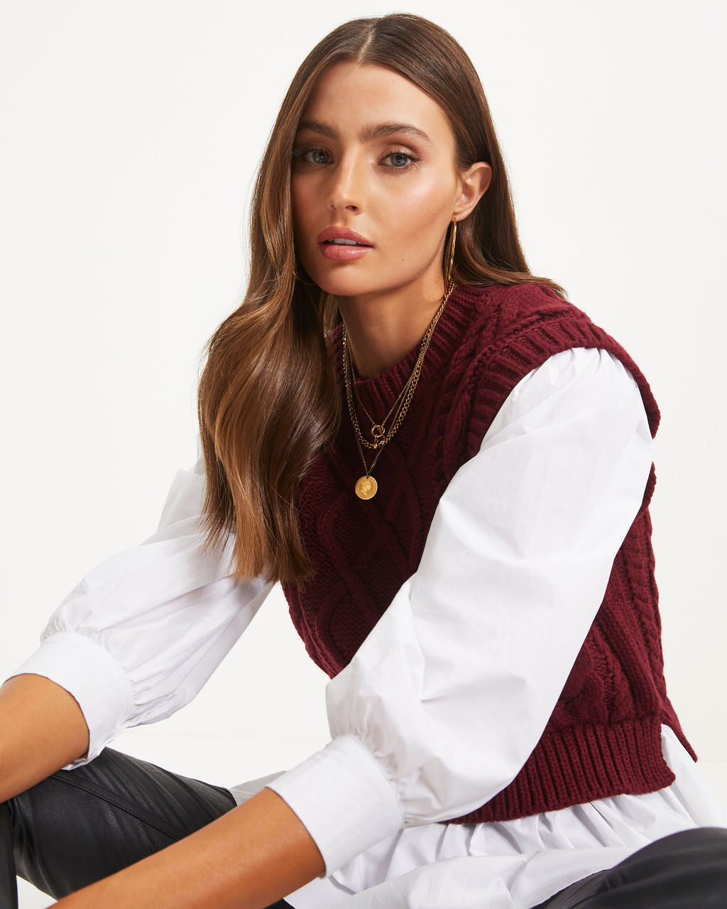 Carmine Contrast Knit Top - Burgundy