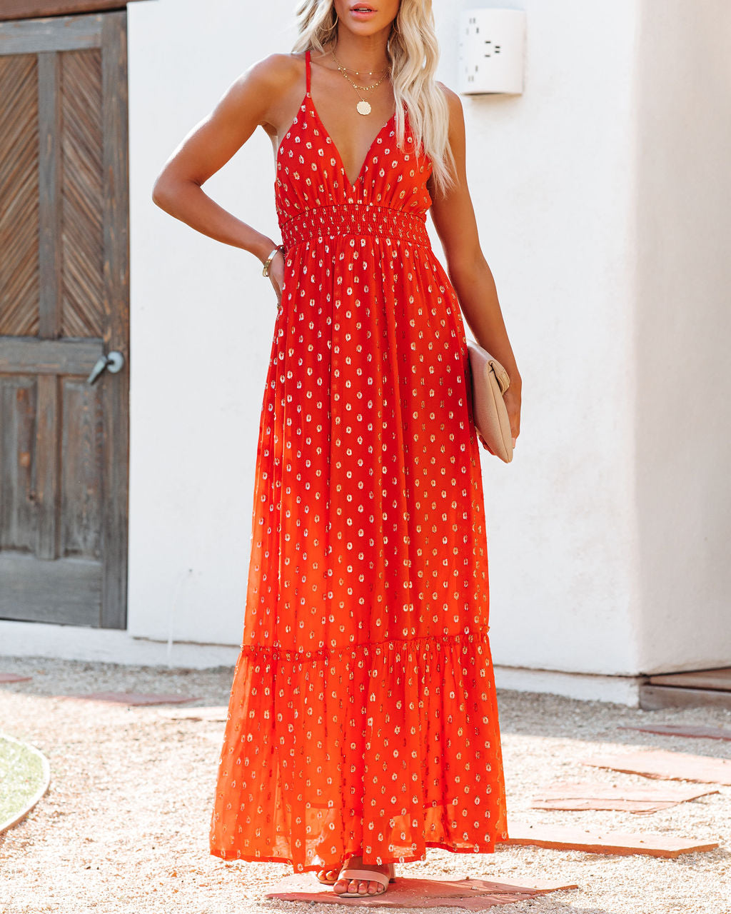 Evalyn Metallic Detailed Smocked Maxi Dress - Rust - FINAL SALE
