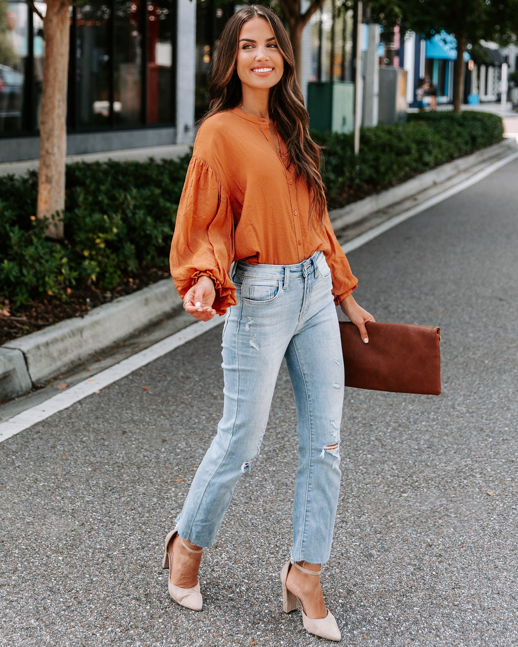 Asher Balloon Sleeve Button Down Top - Clay - SALE