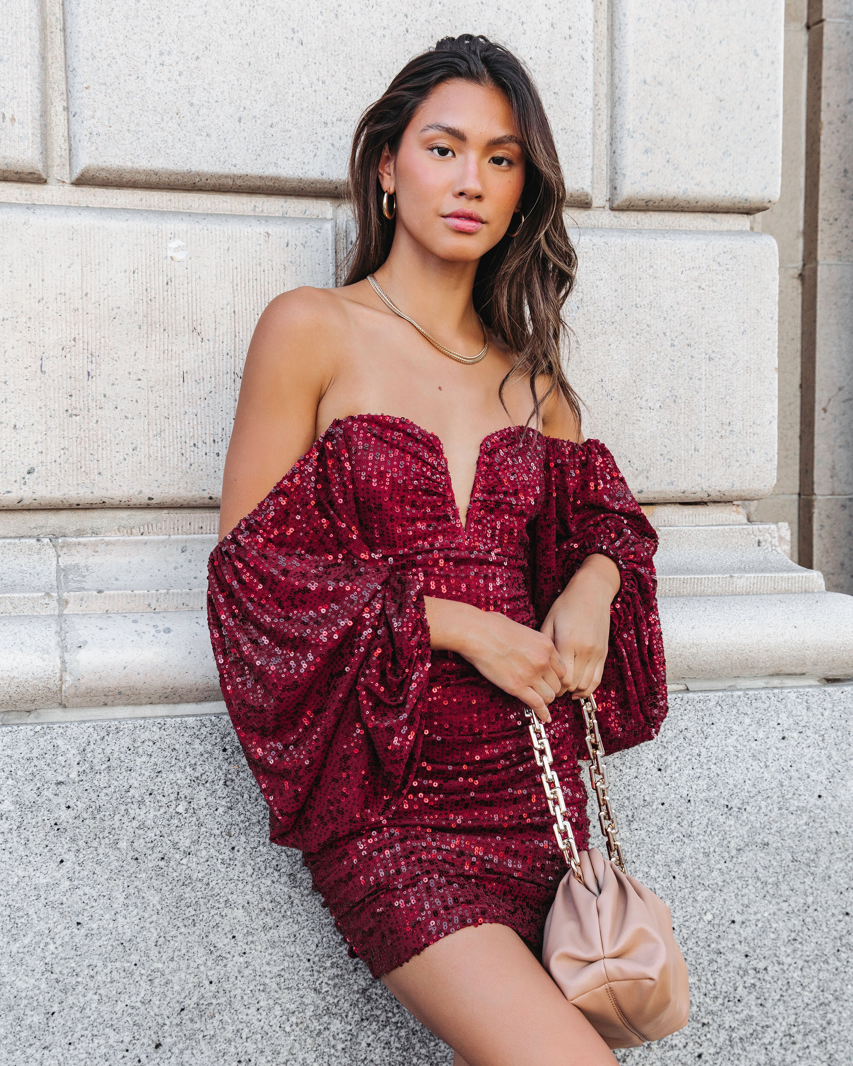 Draw Attention Sequin Bodycon Dress - Burgundy