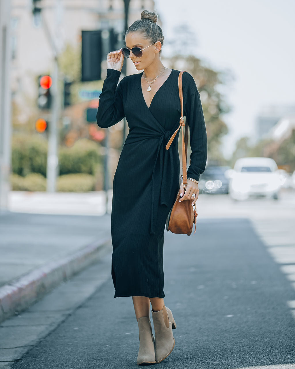 Dante Ribbed Knit Front Tie Midi Dress - Black