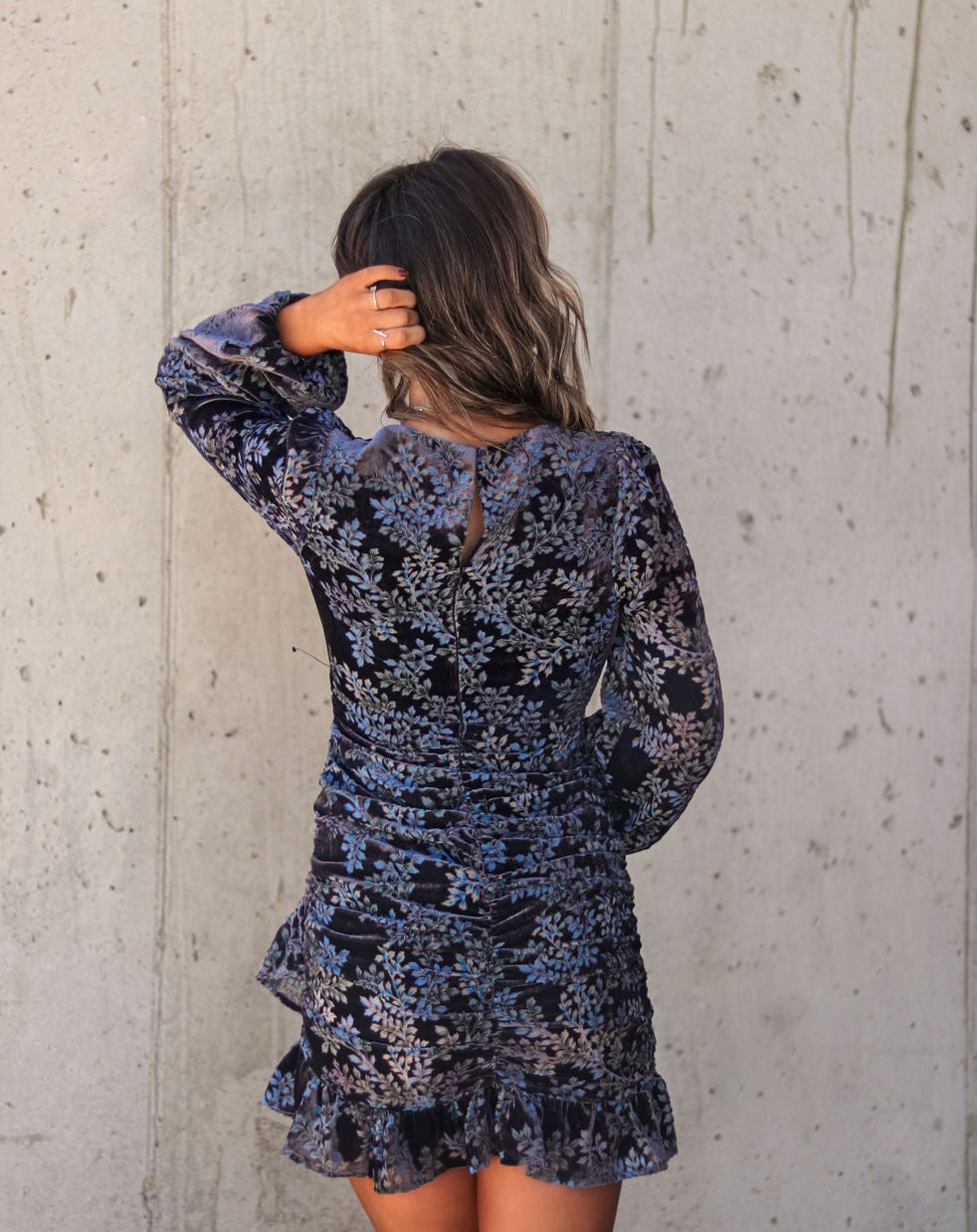 Fashionably A Vibe Ruched Ruffle Burnout Velvet Mini Dress