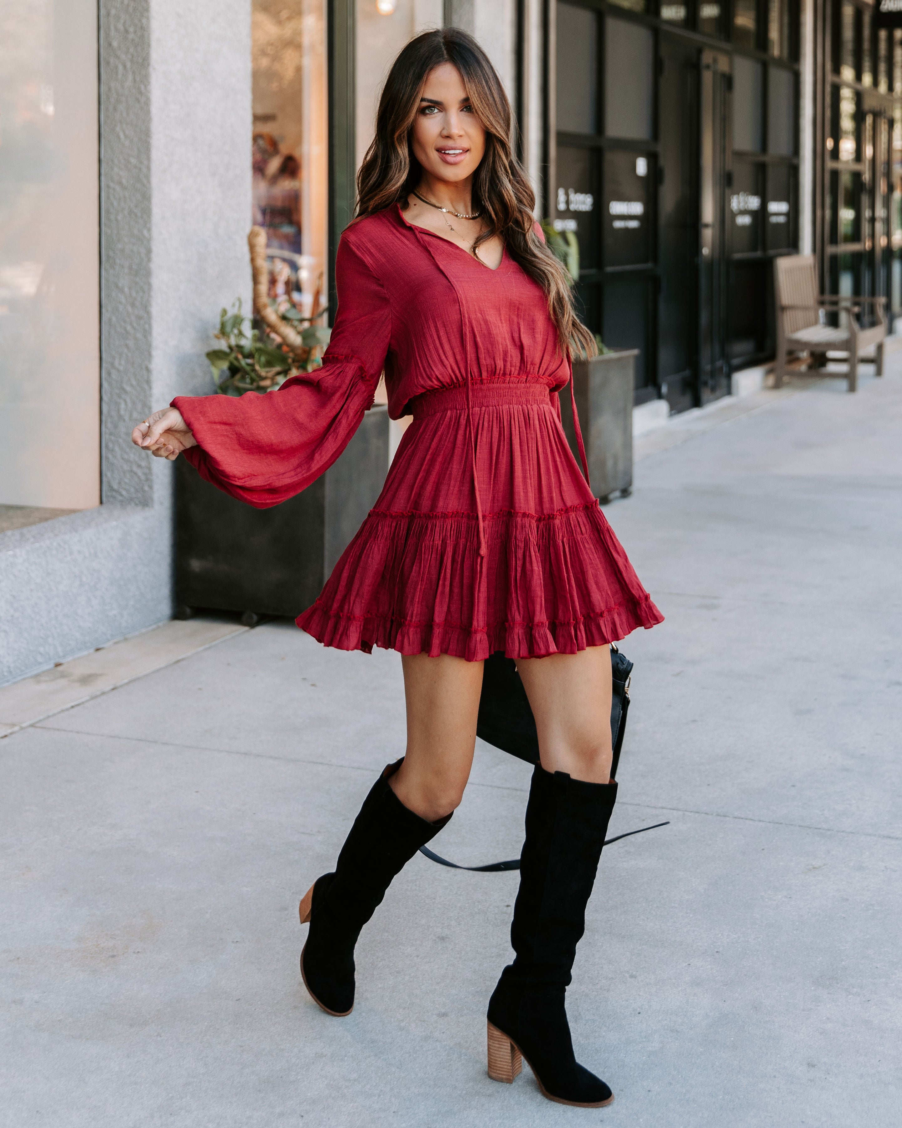 Run Free Babe Tiered Balloon Sleeve Mini Dress - Wine