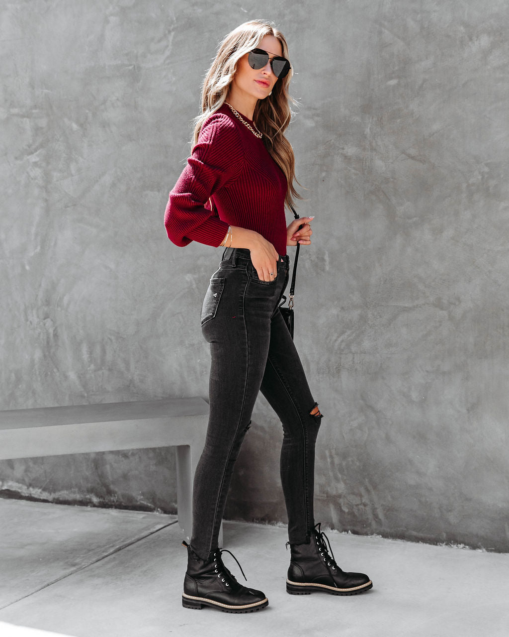 Archie Ribbed Knit Pullover Sweater - Wine