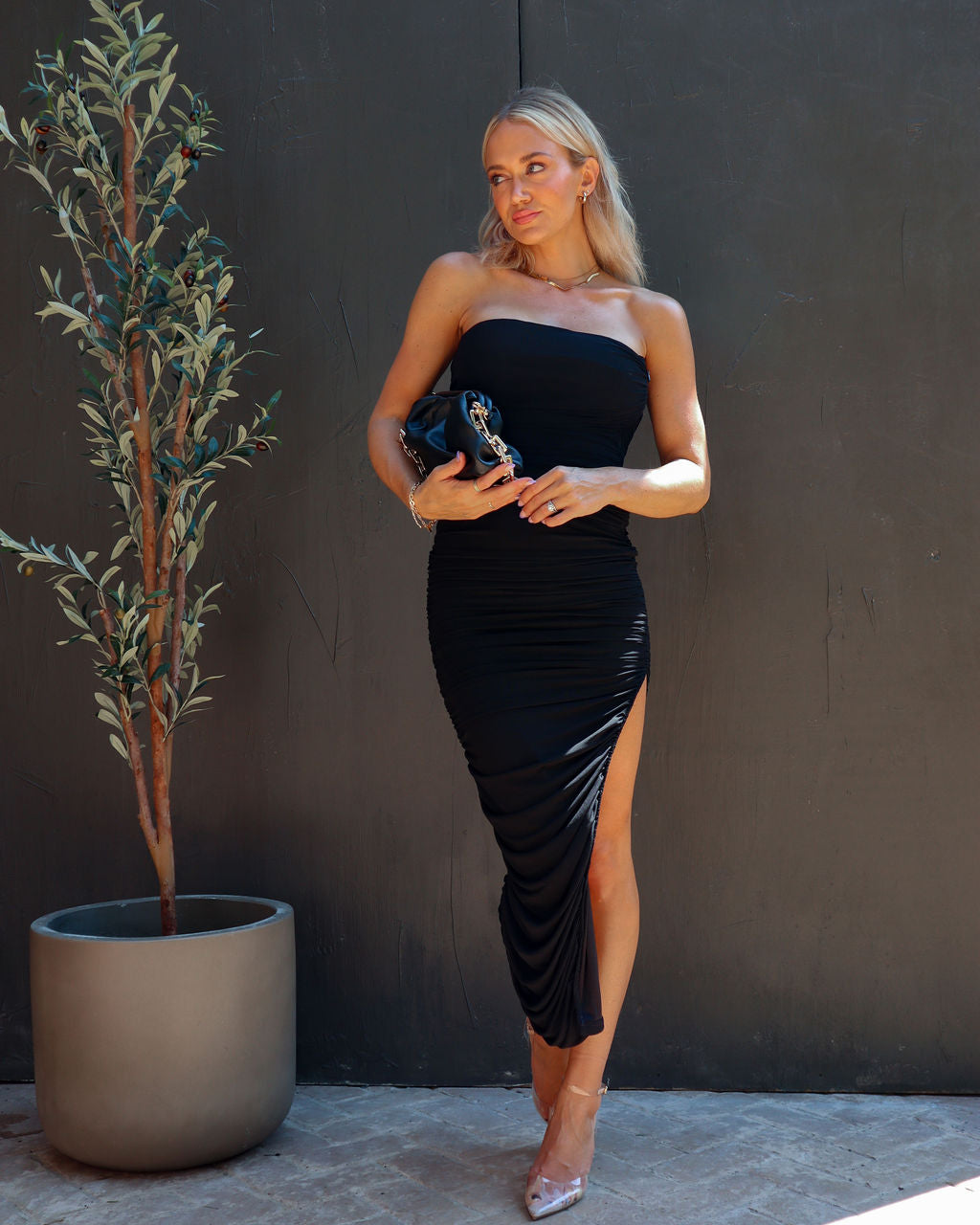 Hey Good Looking Ruched Side Slit Midi Dress - Black