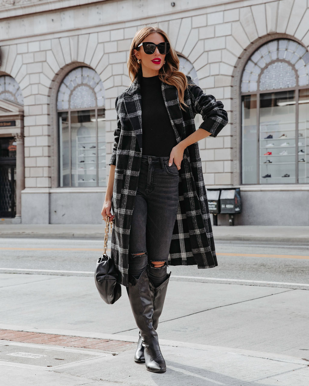 Francesca Plaid Pocketed Coat - Black