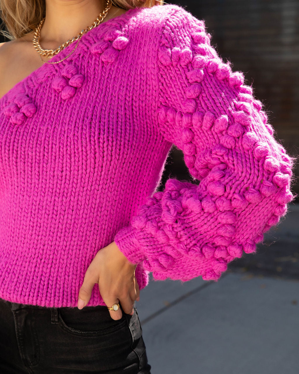 Juniper One Shoulder Knit Pom Sweater - Pink - SALE