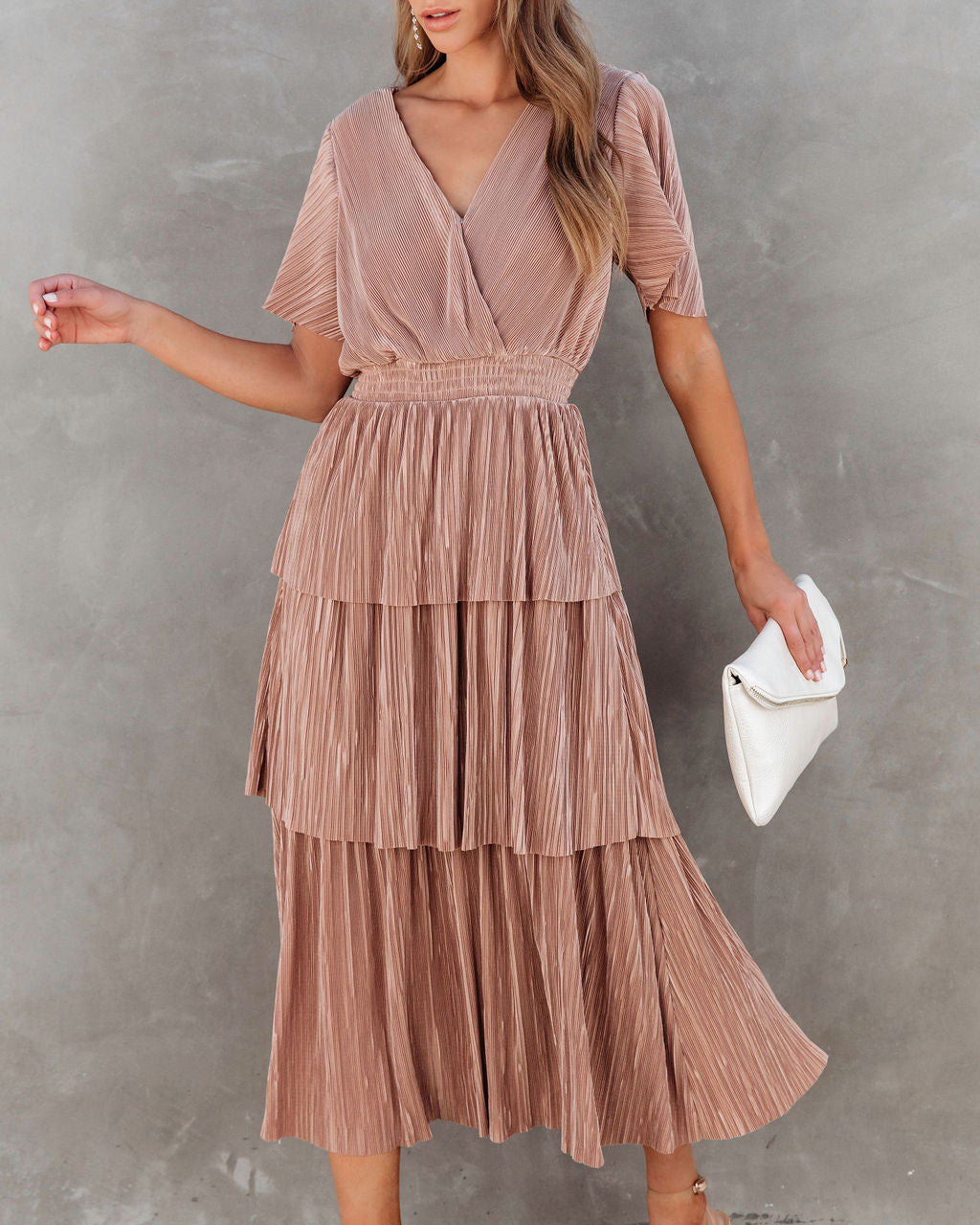 Perfect For Me Plisse Tiered Midi Dress - Mauve