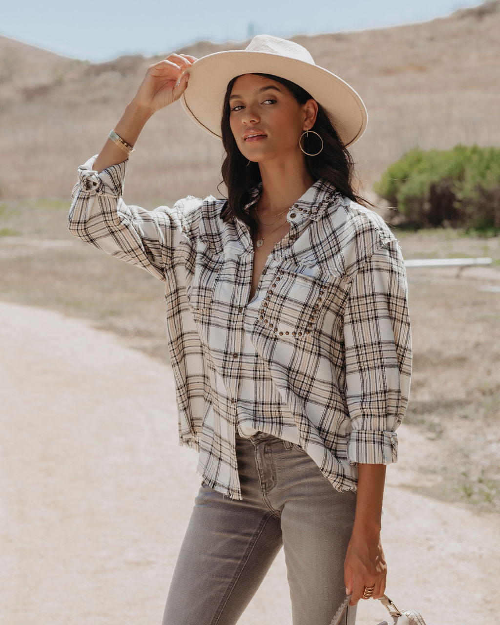 Nicolas Cotton Plaid Studded Button Down Top - SALE