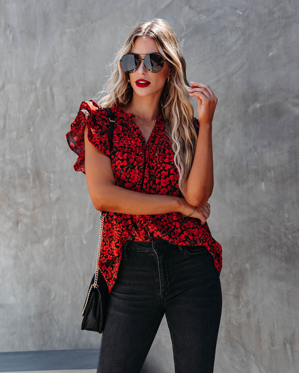 Poppy Fields Ruffle Sleeve Top - Red