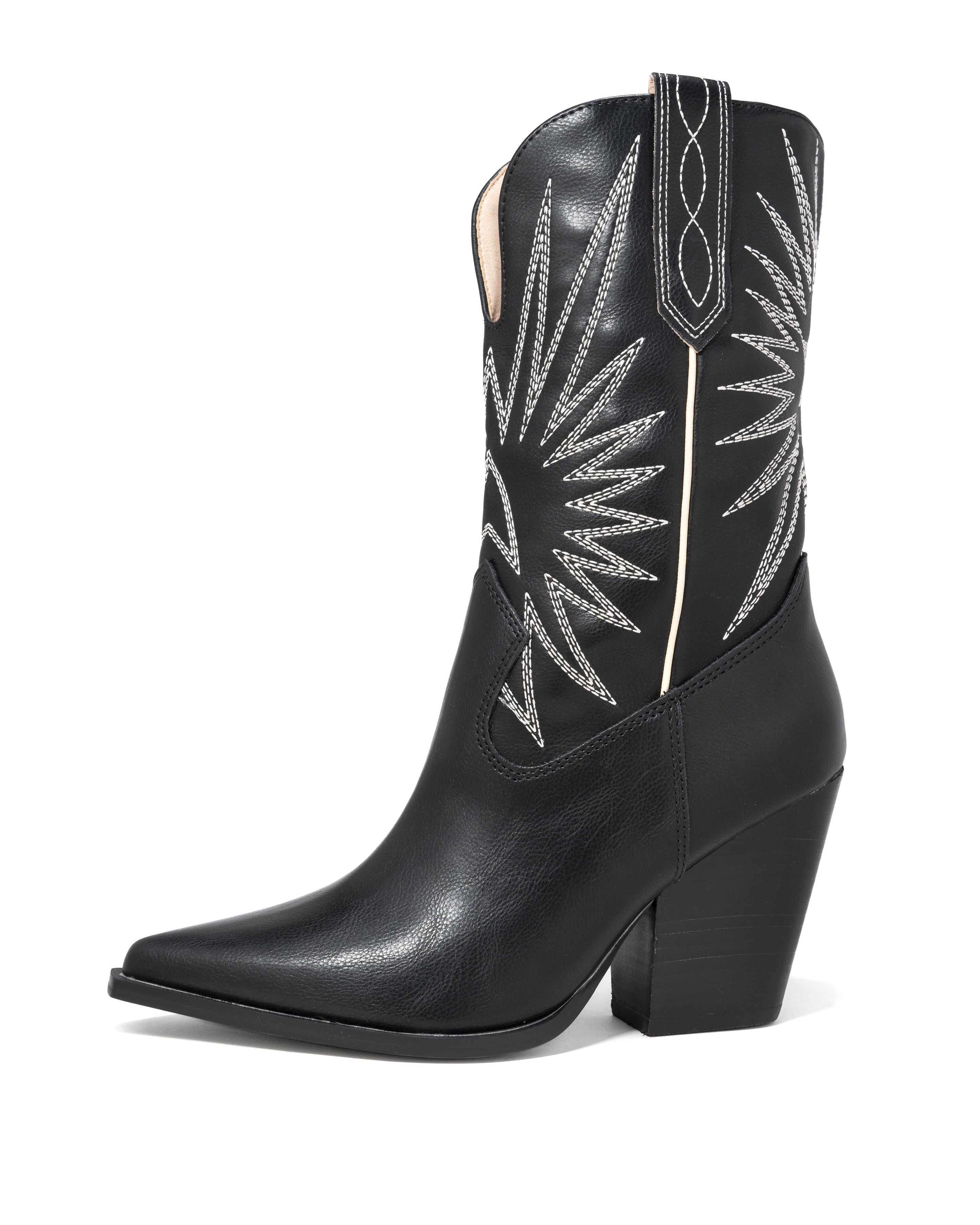 Liya Embroidered Heeled Western Boot - Black