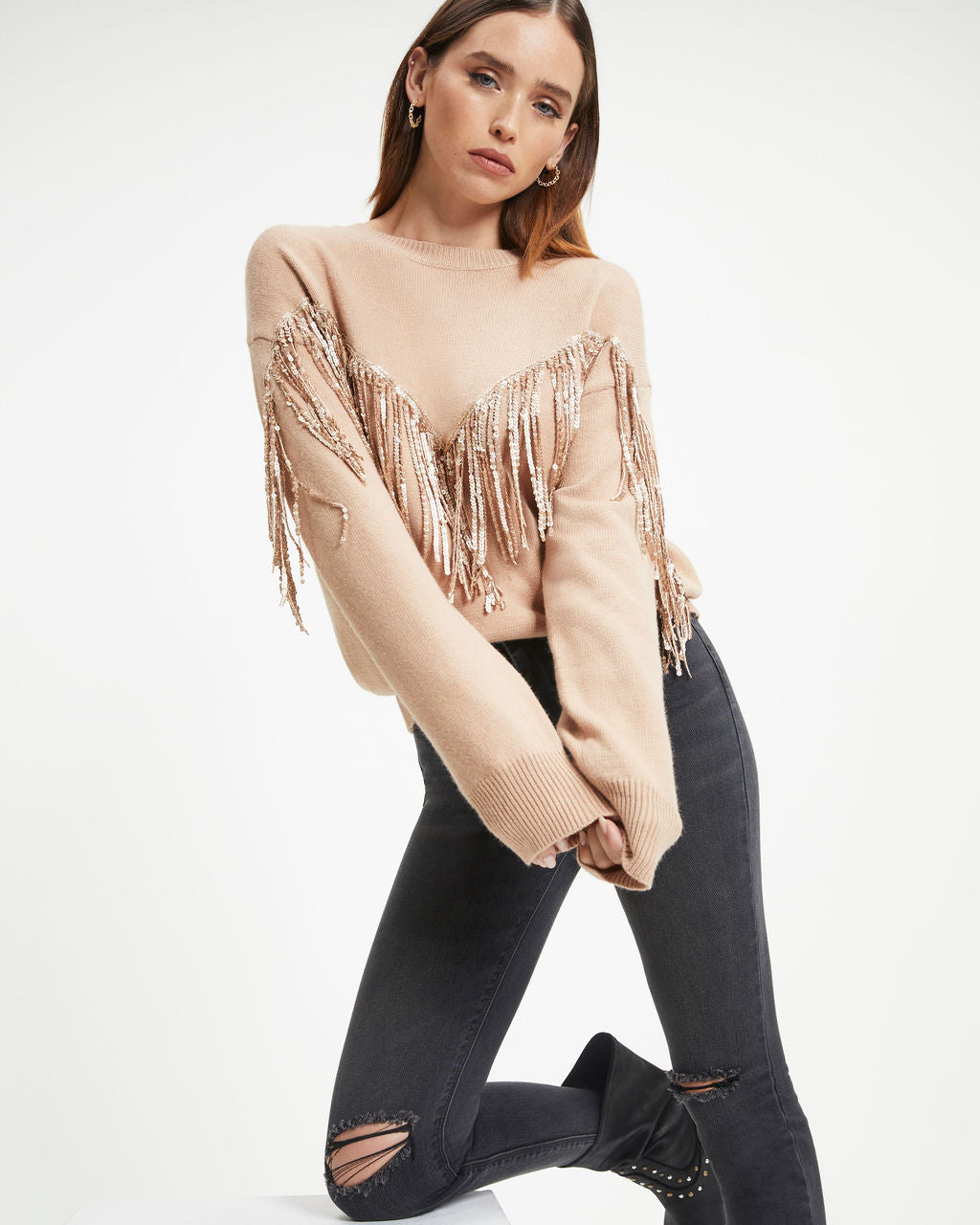 Western Glam Knit Fringe Sequin Pullover Sweater - Mocha