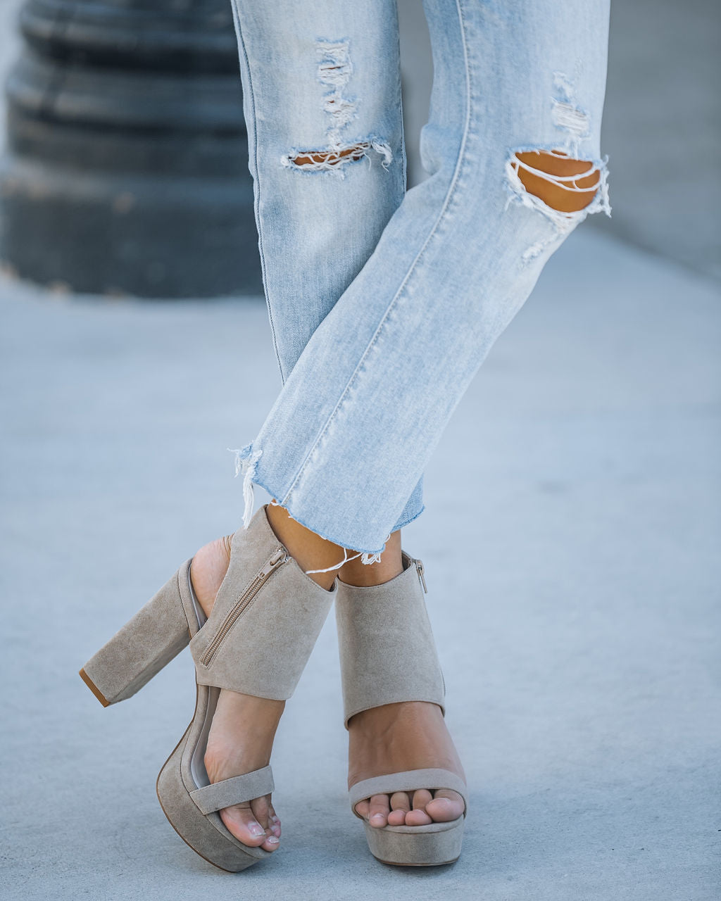 Elsie Heeled Faux Suede Platform Sandal - Dark Taupe