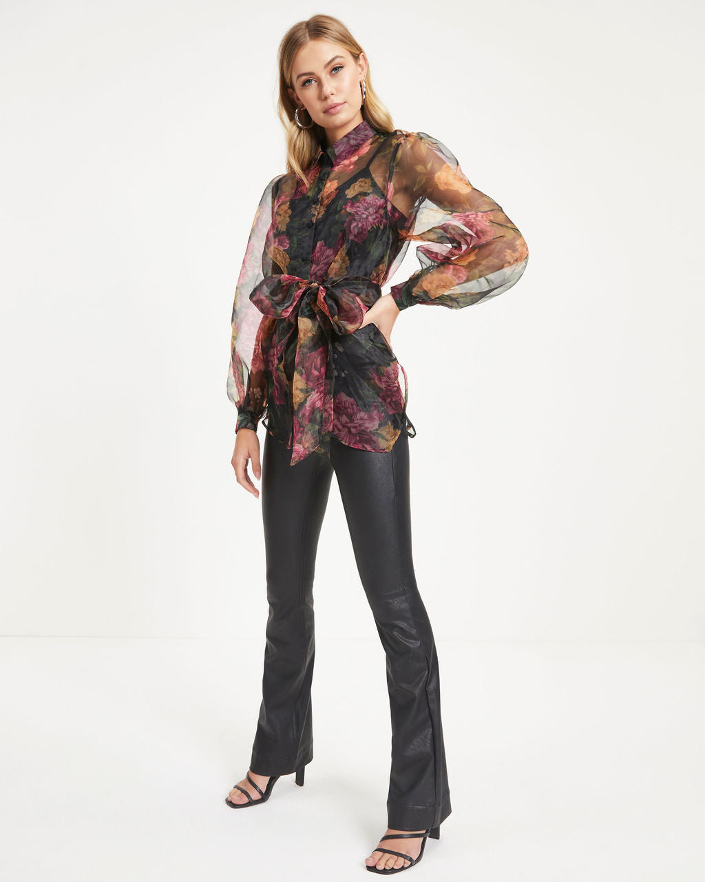 Somewhere In Tuscany Floral Organza Front Tie Button Down Top