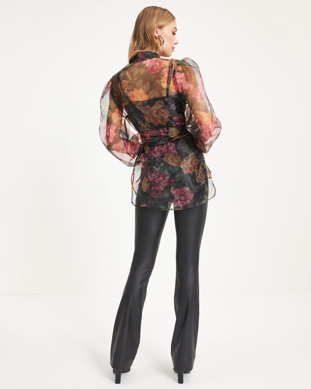 Somewhere In Tuscany Floral Organza Front Tie Button Down Top