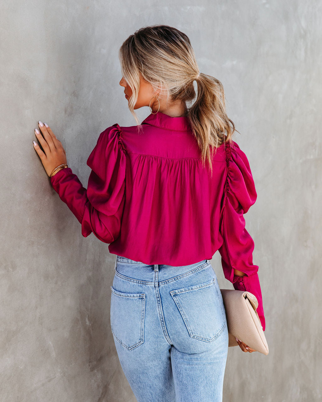 Southern Belle Puff Sleeve Button Down Top - Rose - SALE
