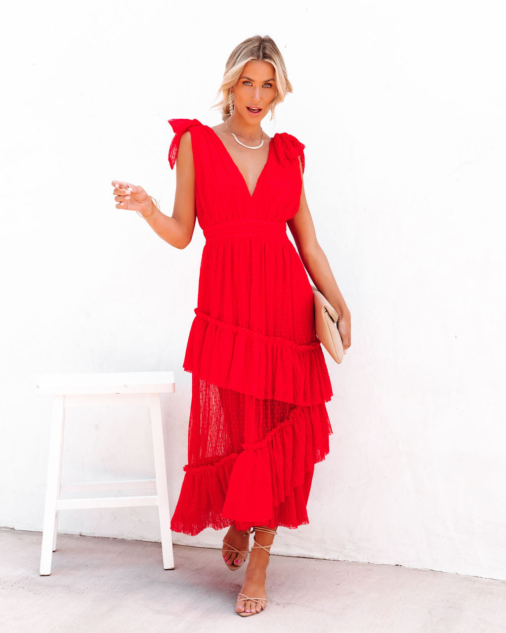 Carrie In Paris Tiered Tulle Midi Dress - Red