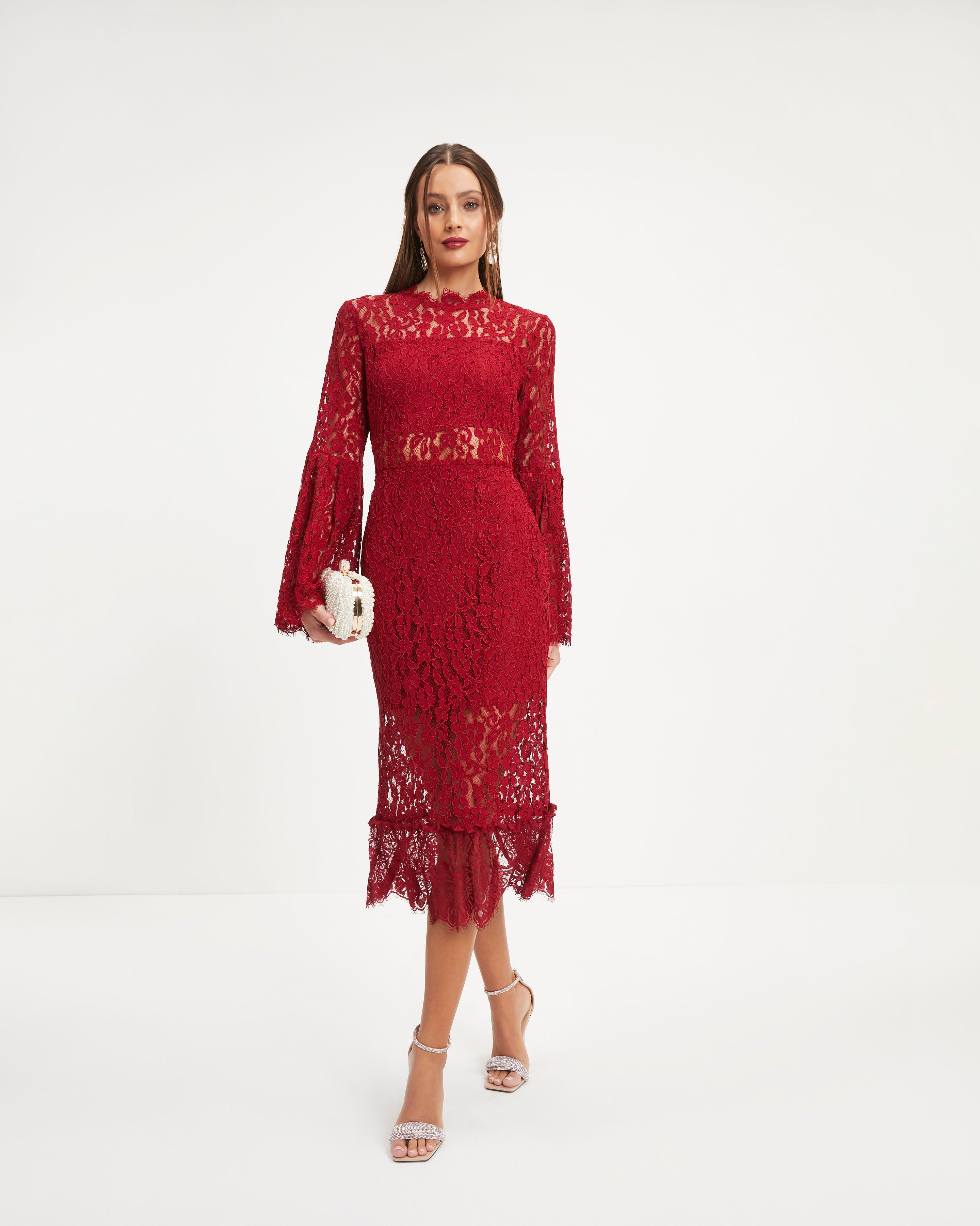 Love Story Baby Lace Bell Sleeve Midi Dress - Wine