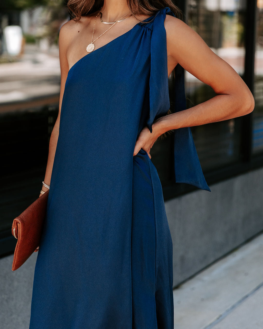 Invite Only Satin One Shoulder Maxi Dress - Navy