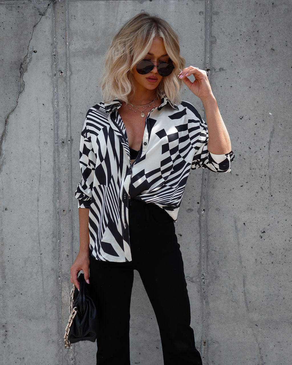 She Was Curious Satin Printed Button Down Top