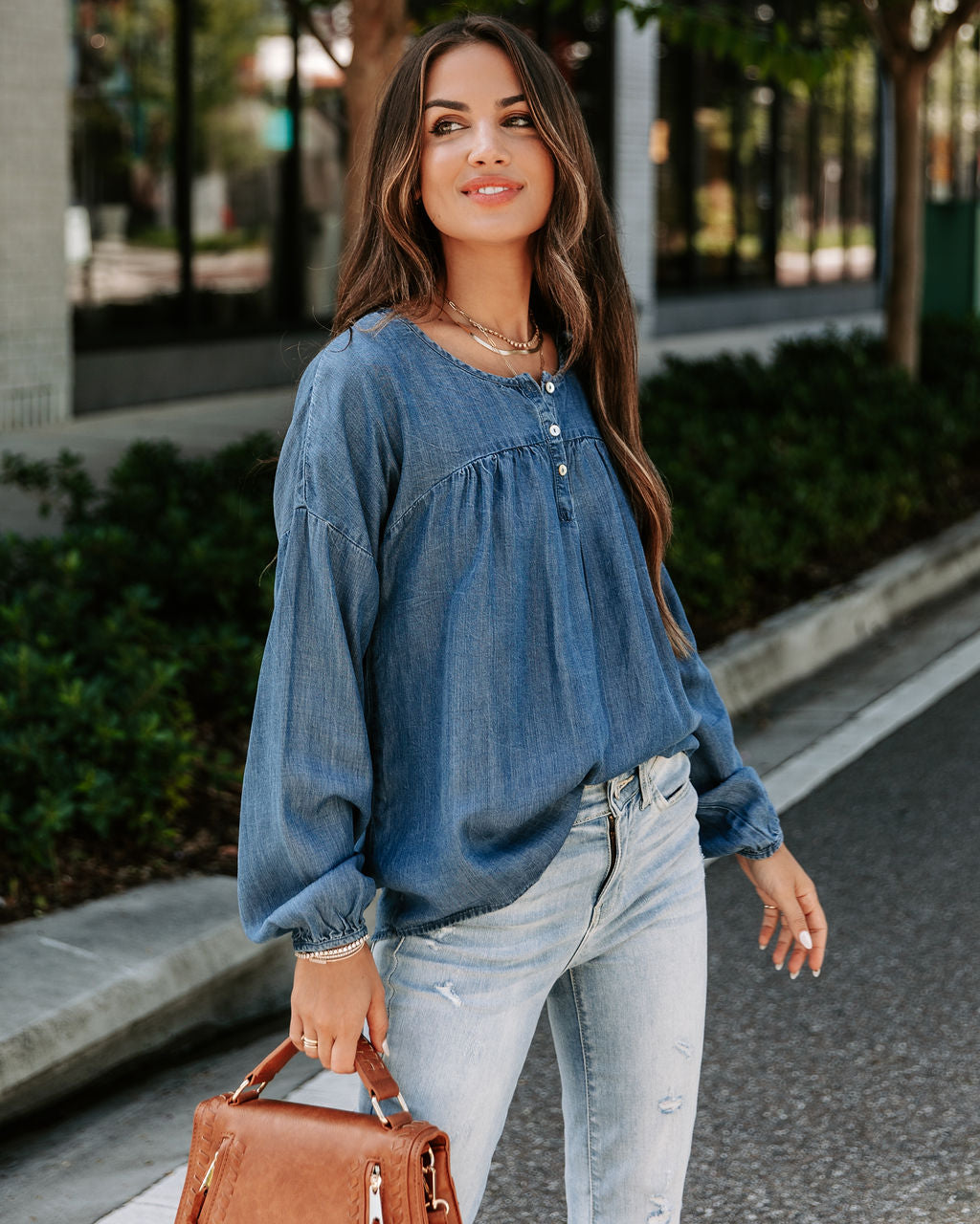 Blue Crew Chambray Henley Tencel Top - SALE