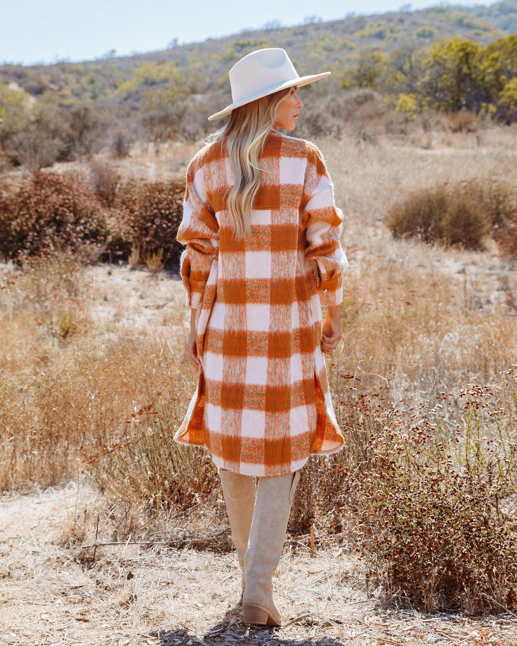 Sunkissed Fall Skies Pocketed Plaid Button Down Coat