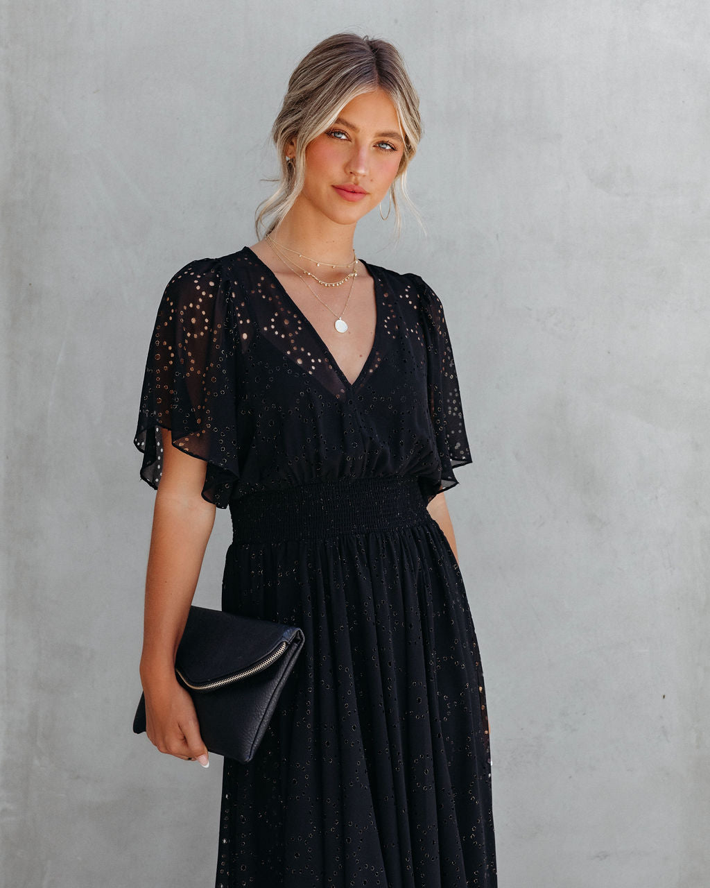 Thumbelina Metallic Eyelet Midi Dress - Black