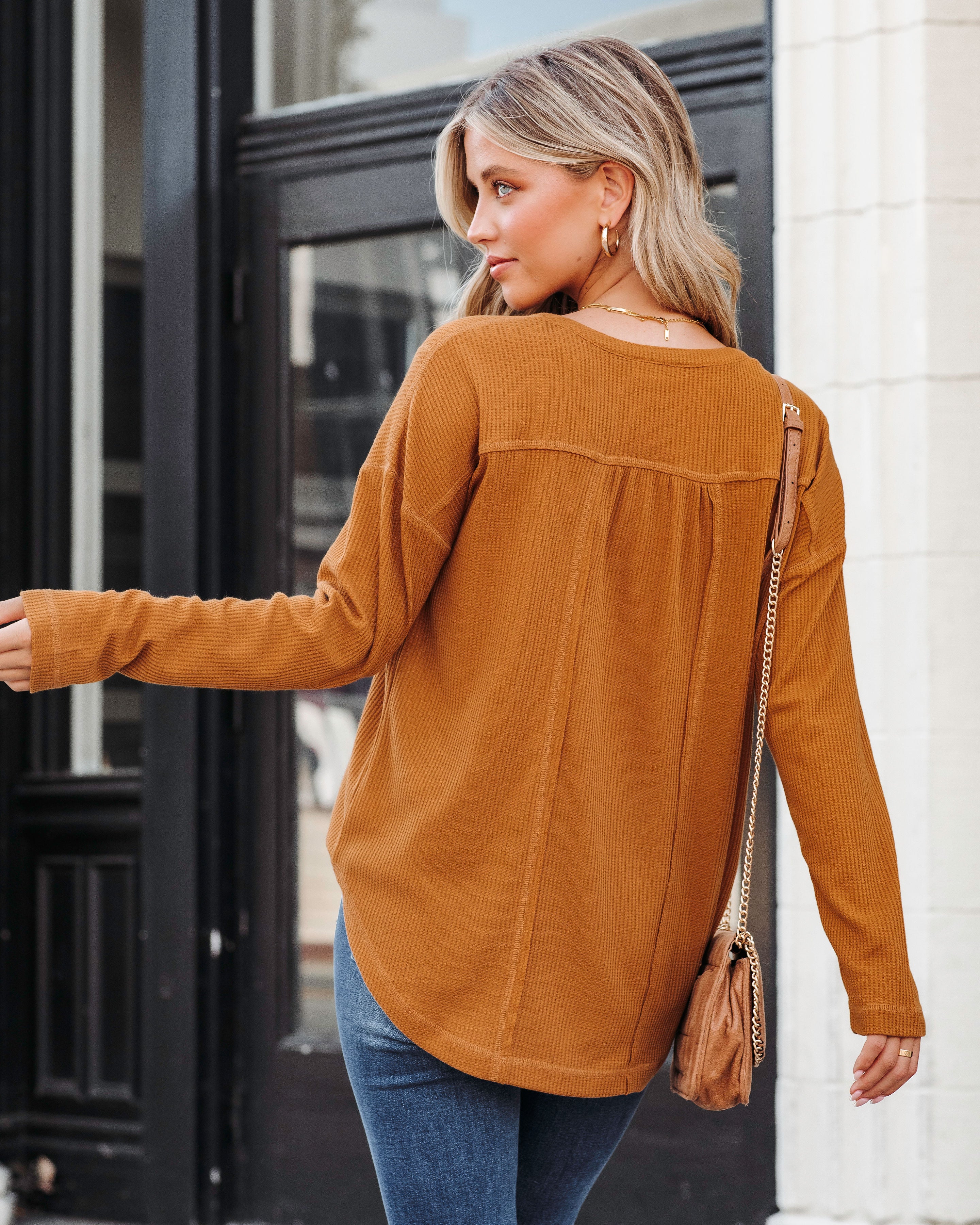Elisa Waffle Knit Henley Top - Camel