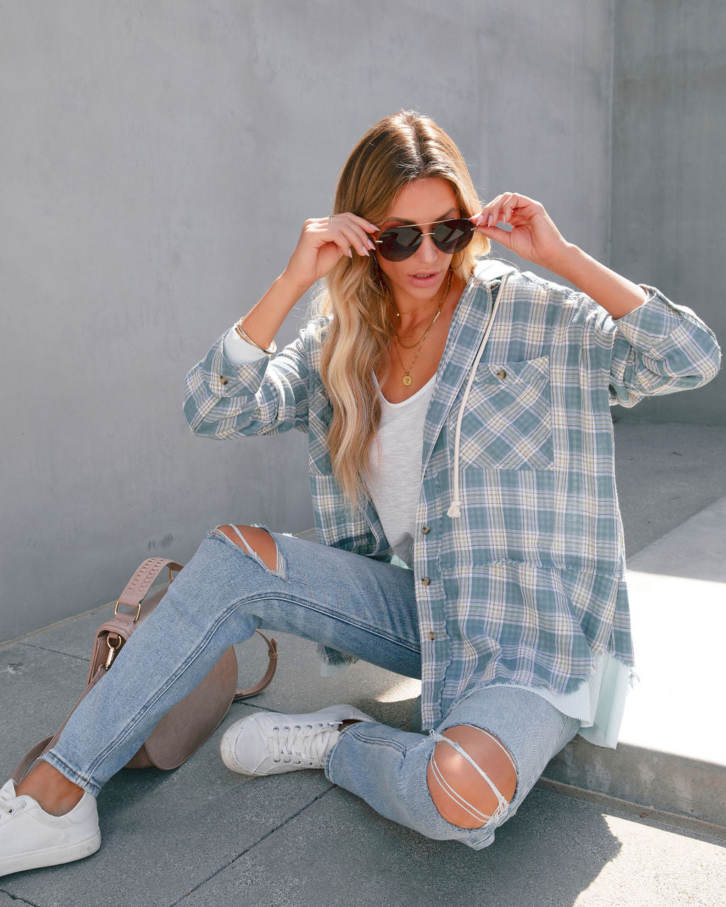 Remy Cotton Frayed Hooded Plaid Top - SALE