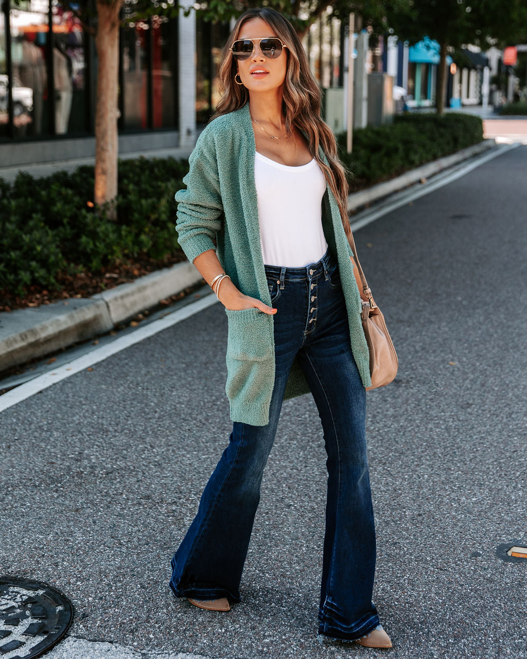 Good Lover Pocketed Chenille Cardigan - Forest Green