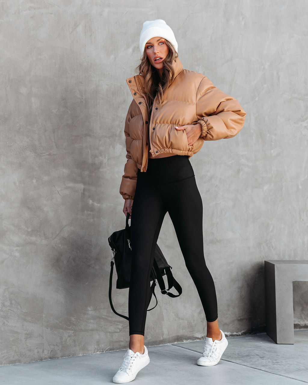 Yorker Faux Leather Pocketed Puff Jacket - Tan